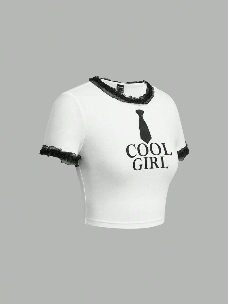 Neu Camiseta para mujer con lema "COOL GIRL" y encaje