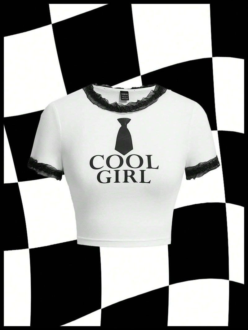 Neu Camiseta para mujer con lema "COOL GIRL" y encaje