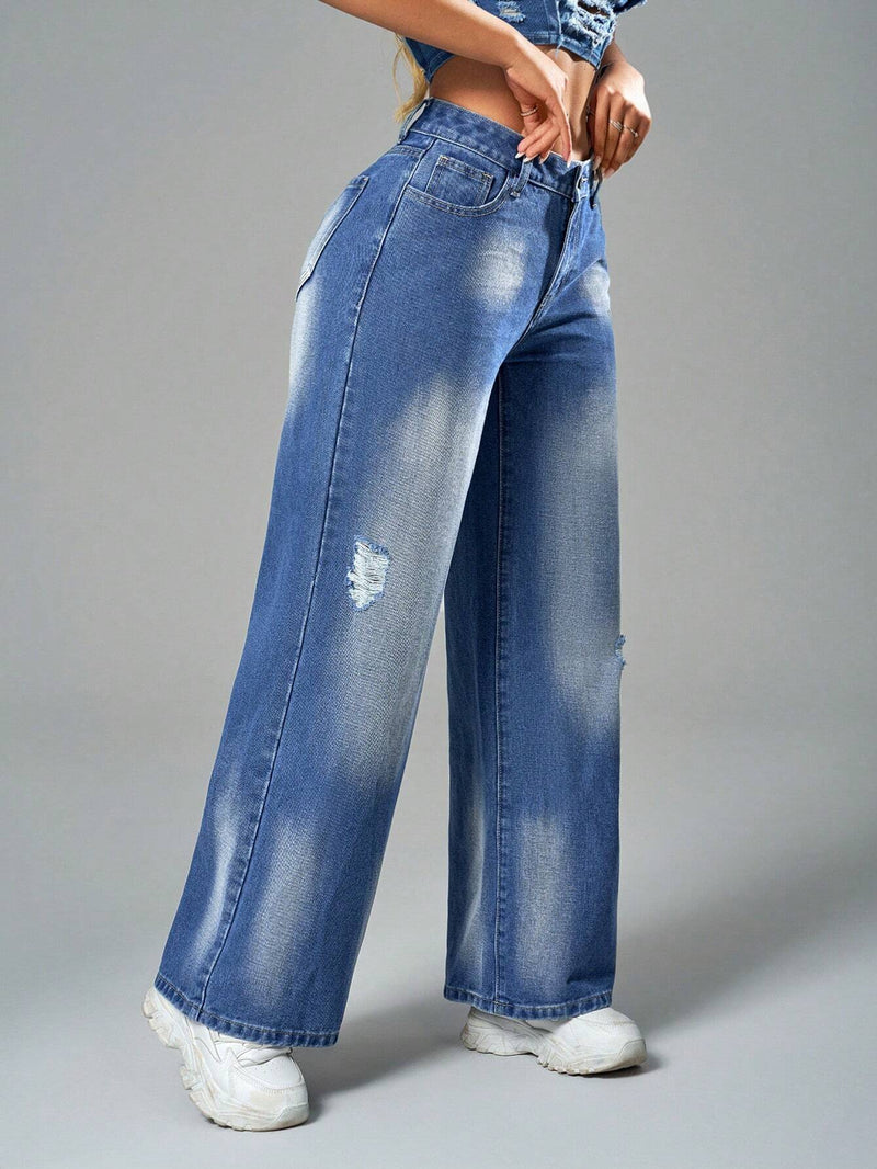 SXY Pantalones Jeans casuales para mujeres, sueltos con pierna ancha y bolsillos