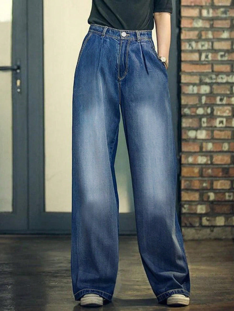 Jeans de pierna ancha y cintura alta vintage para mujer con bolsillos oblicuos