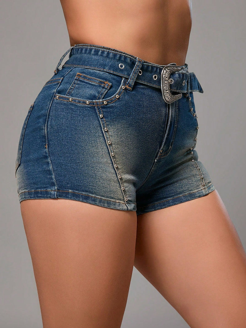 SXY Hotpants de verano vintage con detalle de tachuelas y ajuste delgado de moda para mujer