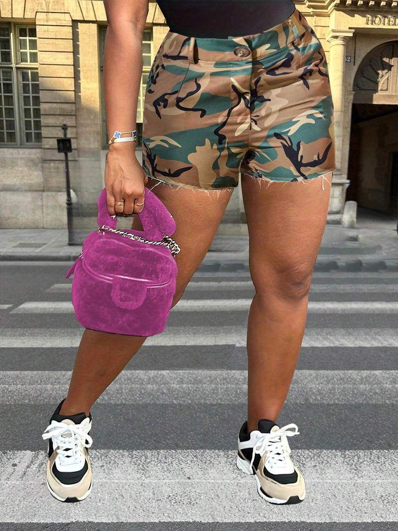 Slayr Pantalones cortos casuales de verano para mujer con patron de camuflaje, bolsillo y boton