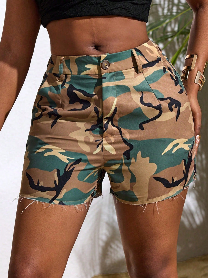 Slayr Pantalones cortos casuales de verano para mujer con patron de camuflaje, bolsillo y boton