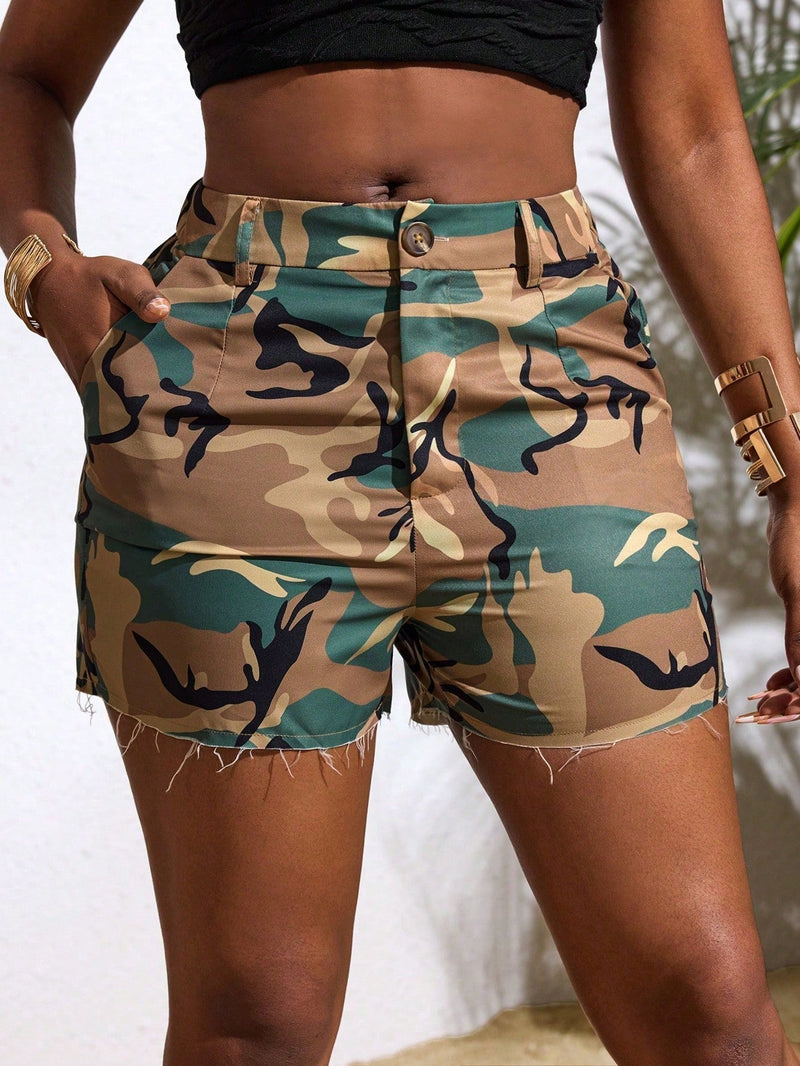 Slayr Pantalones cortos casuales de verano para mujer con patron de camuflaje, bolsillo y boton