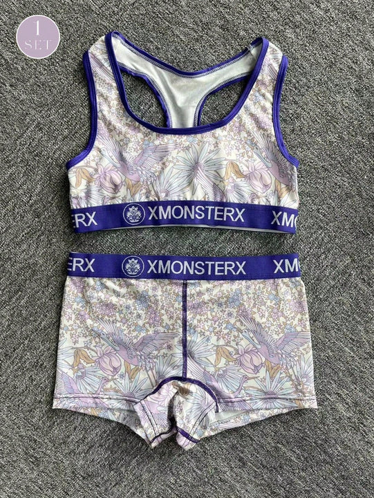 Conjunto de ropa interior deportiva casual para mujer, sujetador deportivo y conjunto de bragas de poliester estampado