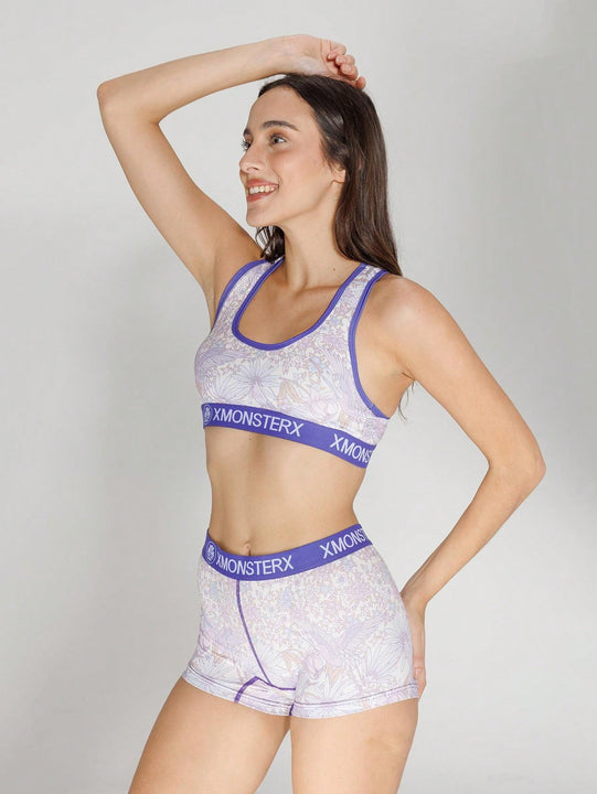 Conjunto de ropa interior deportiva casual para mujer, sujetador deportivo y conjunto de bragas de poliester estampado