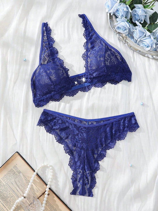 NEW  Conjunto de sujetador y panty para mujer de unicolor con detalles de encaje