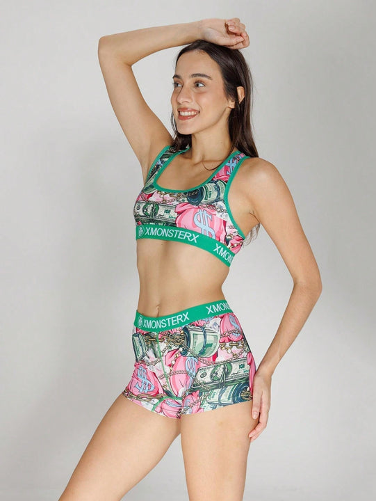 Conjunto de sujetador deportivo y ropa interior de ocio para mujeres, conjunto de sujetador deportivo sin espalda para mujeres, fabricado en poliester estampado