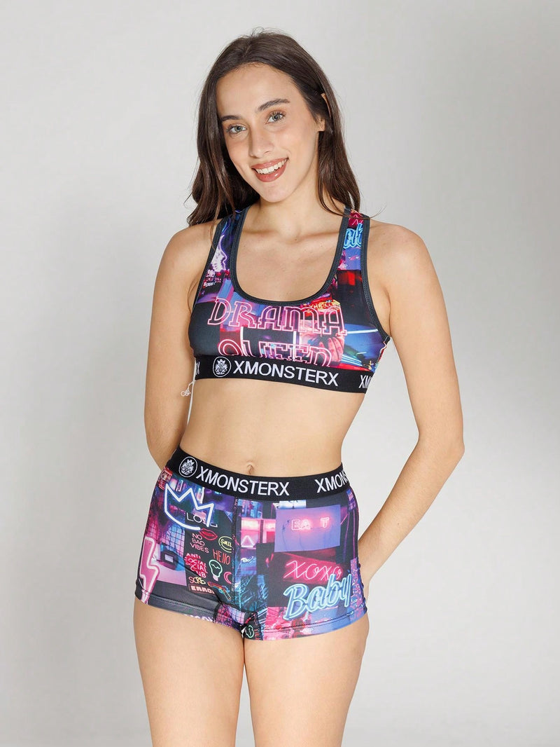 Conjunto de Bra Deportivo y Panty para Mujeres con Impresion de Letras