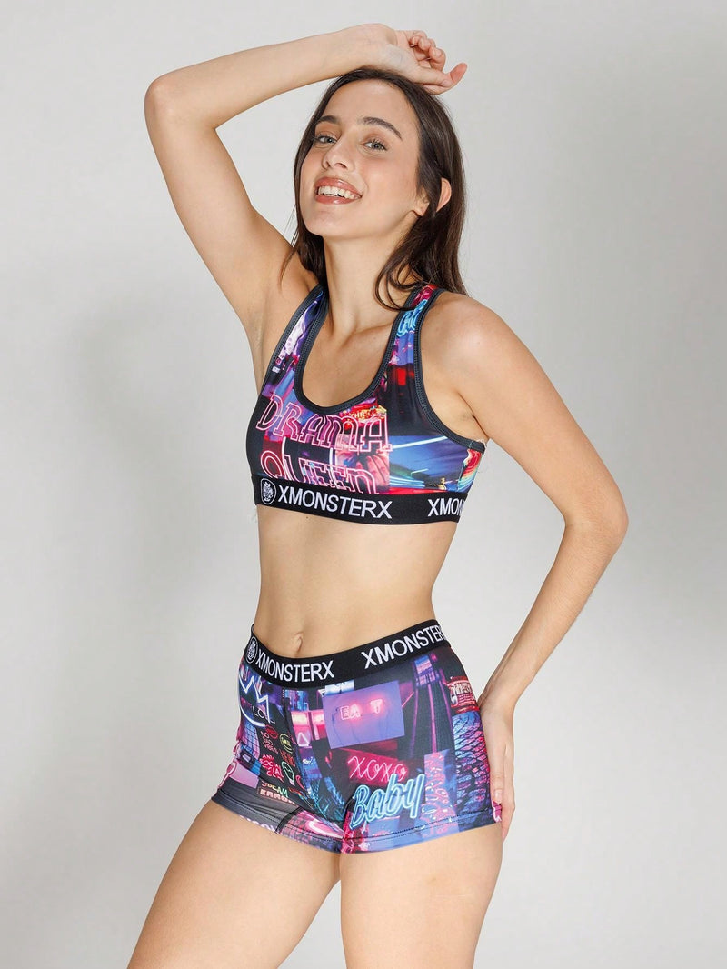 Conjunto de Bra Deportivo y Panty para Mujeres con Impresion de Letras