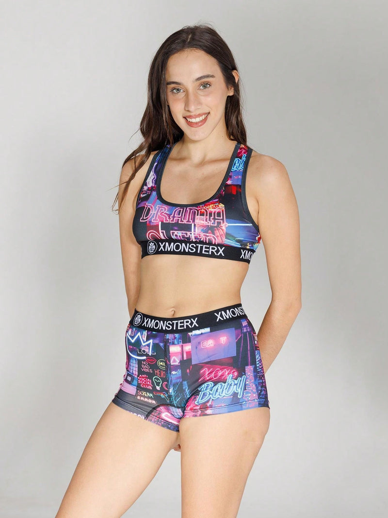 Conjunto de Bra Deportivo y Panty para Mujeres con Impresion de Letras