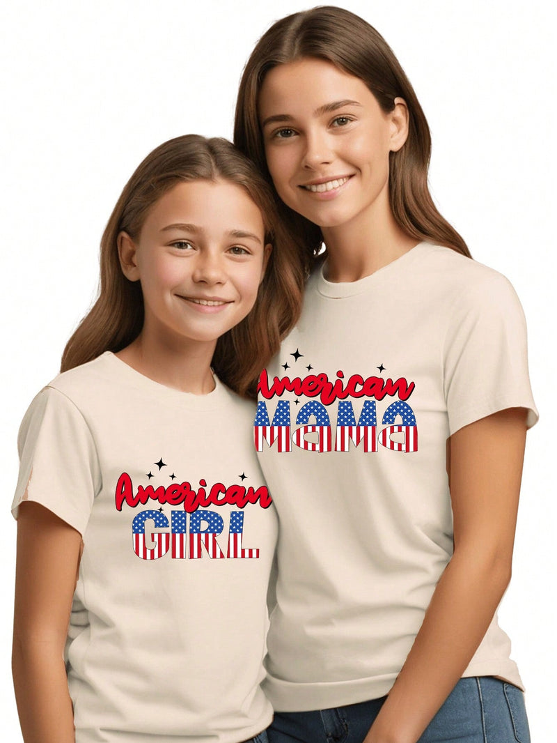 Playera casual de cuello redondo y manga corta con corona blanca y letras impresas para mujeres, conjunto de atuendos a juego para mama e hija (las 3 piezas se venden por separado)