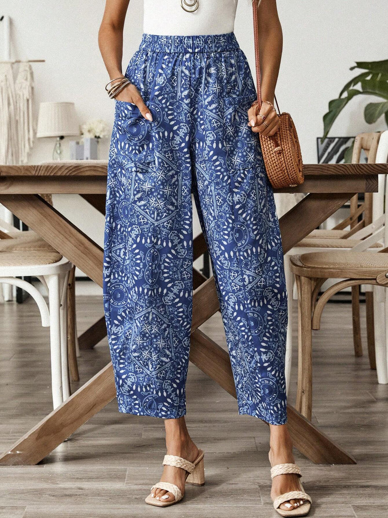 EMERY ROSE Pantalones largos de verano casuales para mujer con estampado abstracto y bolsillos