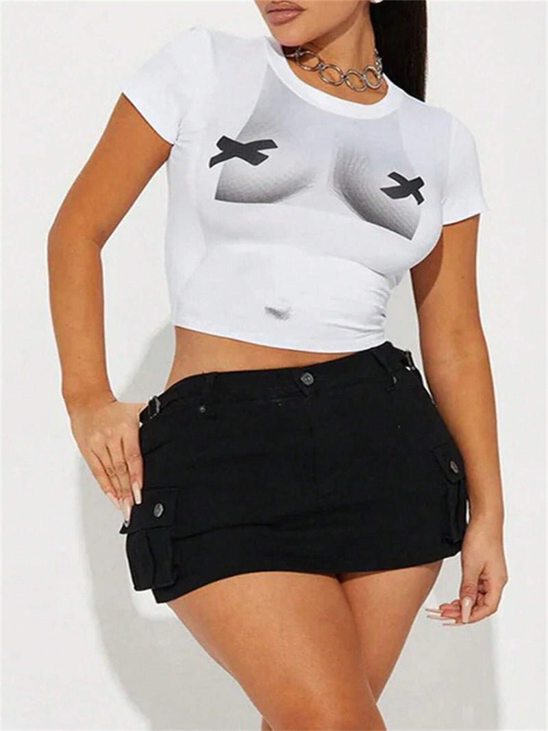 Camiseta casual de verano para mujer con cuello redondo, manga corta y estampado corporal