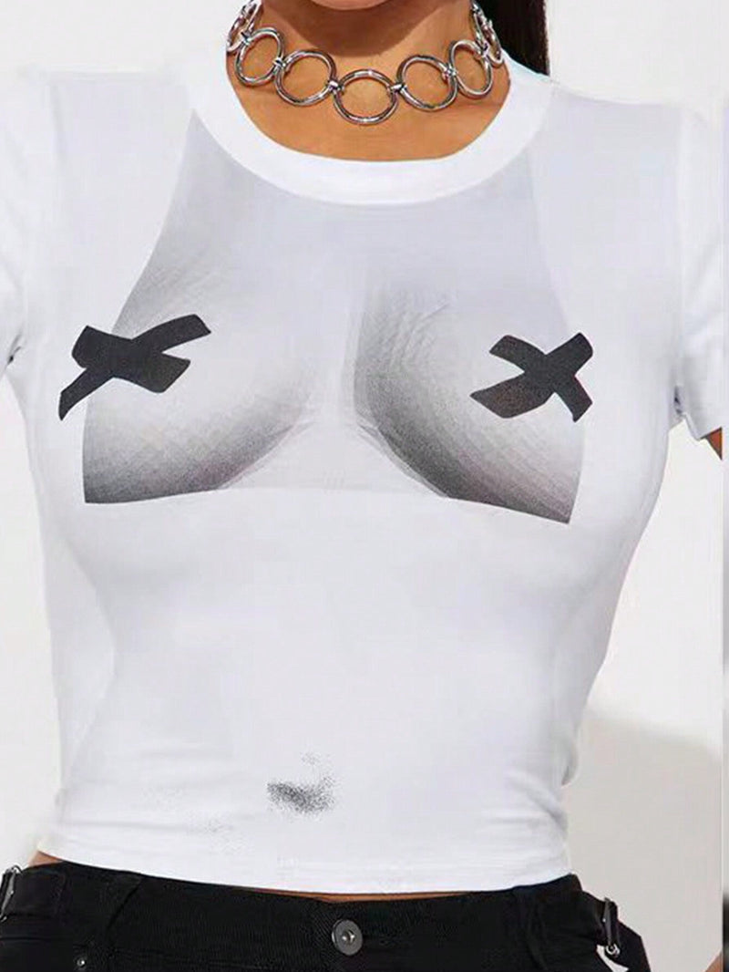 Camiseta casual de verano para mujer con cuello redondo, manga corta y estampado corporal