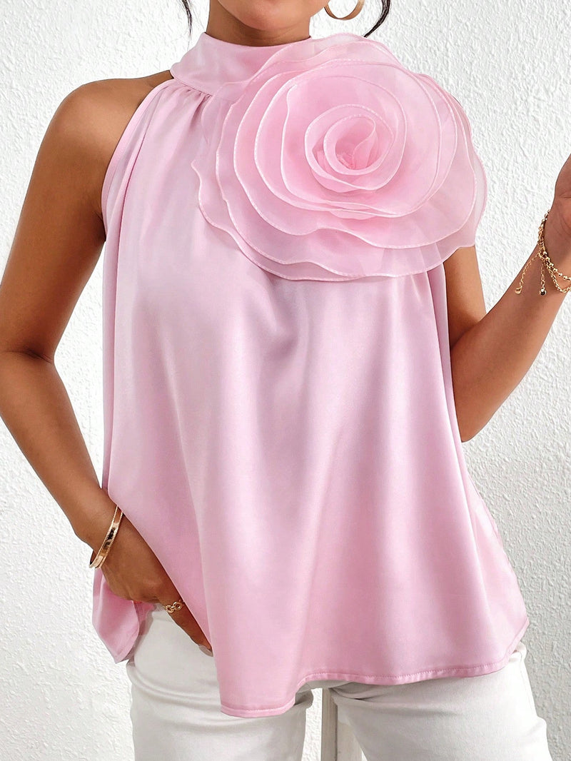 NEW  Prive Camisa de verano elegante para mujer de unicolor con cuello de pie y decoracion de flores 3D en el cuello