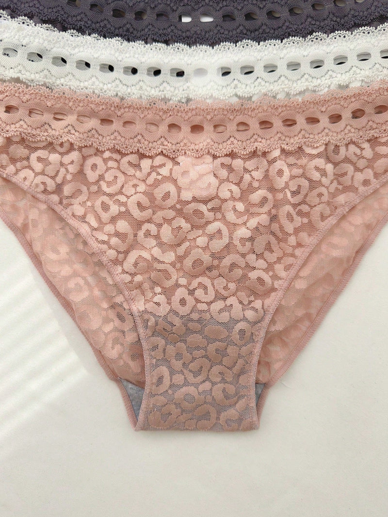 NEW 3 piezas Tanga de encaje con estampado de leopardo y cintura baja para mujeres