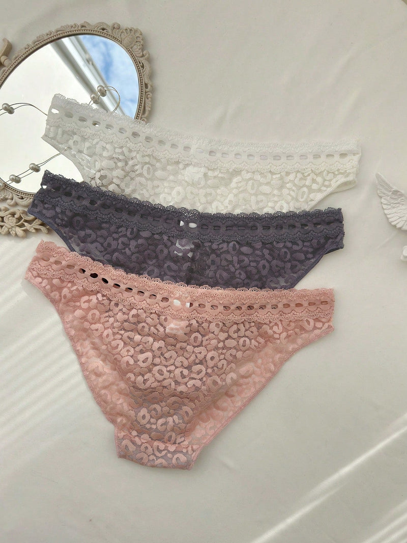 NEW 3 piezas Tanga de encaje con estampado de leopardo y cintura baja para mujeres