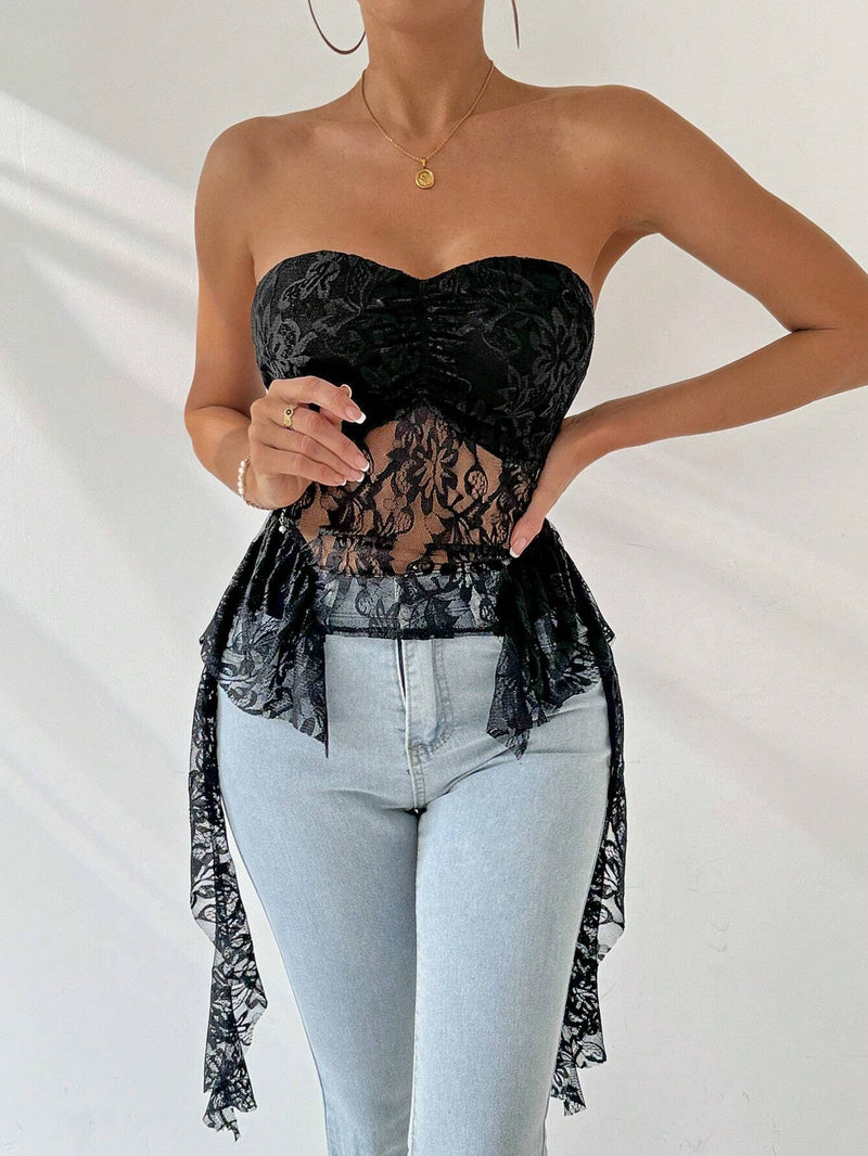 Prive Top de tubo de encaje elegante de verano para mujer con dobladillo de volantes irregular y transparente, ideal para uso diario, citas romanticas, festivales de musica y fiestas