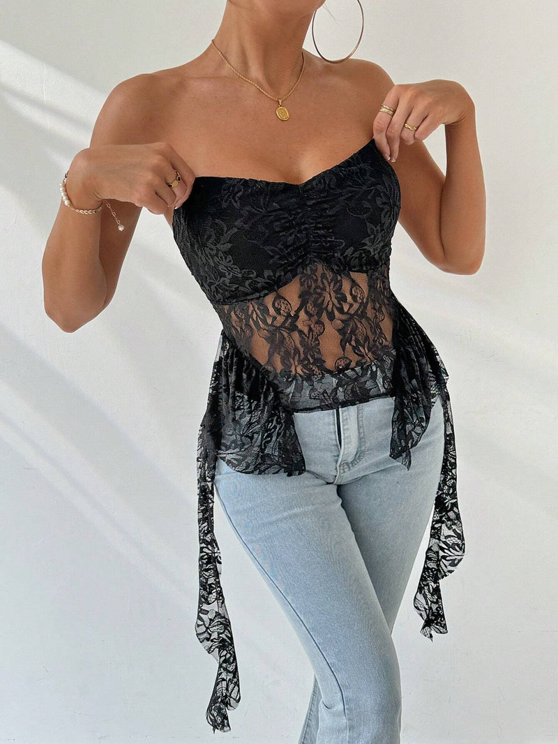 Prive Top de tubo de encaje elegante de verano para mujer con dobladillo de volantes irregular y transparente, ideal para uso diario, citas romanticas, festivales de musica y fiestas