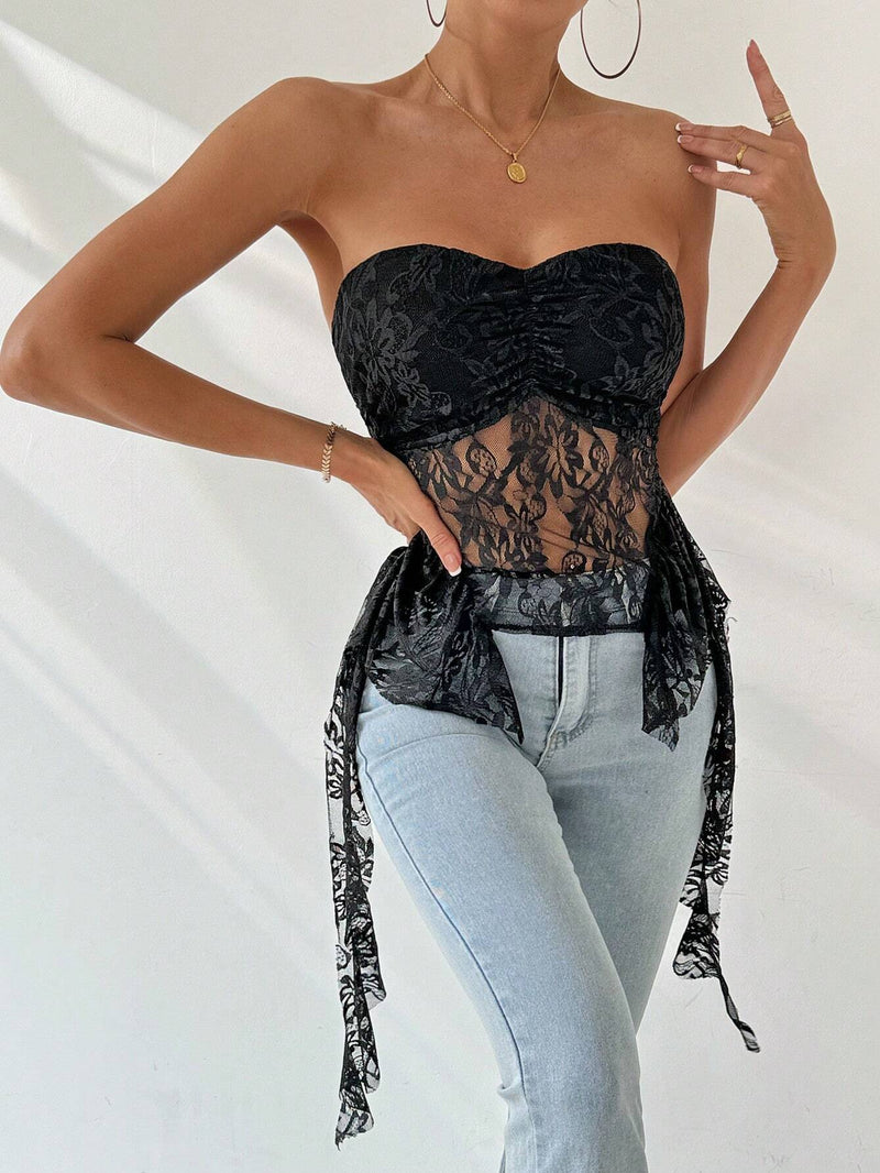 Prive Top de tubo de encaje elegante de verano para mujer con dobladillo de volantes irregular y transparente, ideal para uso diario, citas romanticas, festivales de musica y fiestas