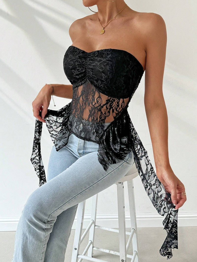 Prive Top de tubo de encaje elegante de verano para mujer con dobladillo de volantes irregular y transparente, ideal para uso diario, citas romanticas, festivales de musica y fiestas