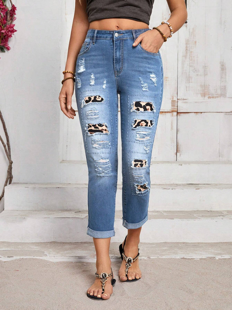 LUNE Pantalones Jeans sueltos para mujer con estampado de leopardo y detalles desgastados con bolsillos