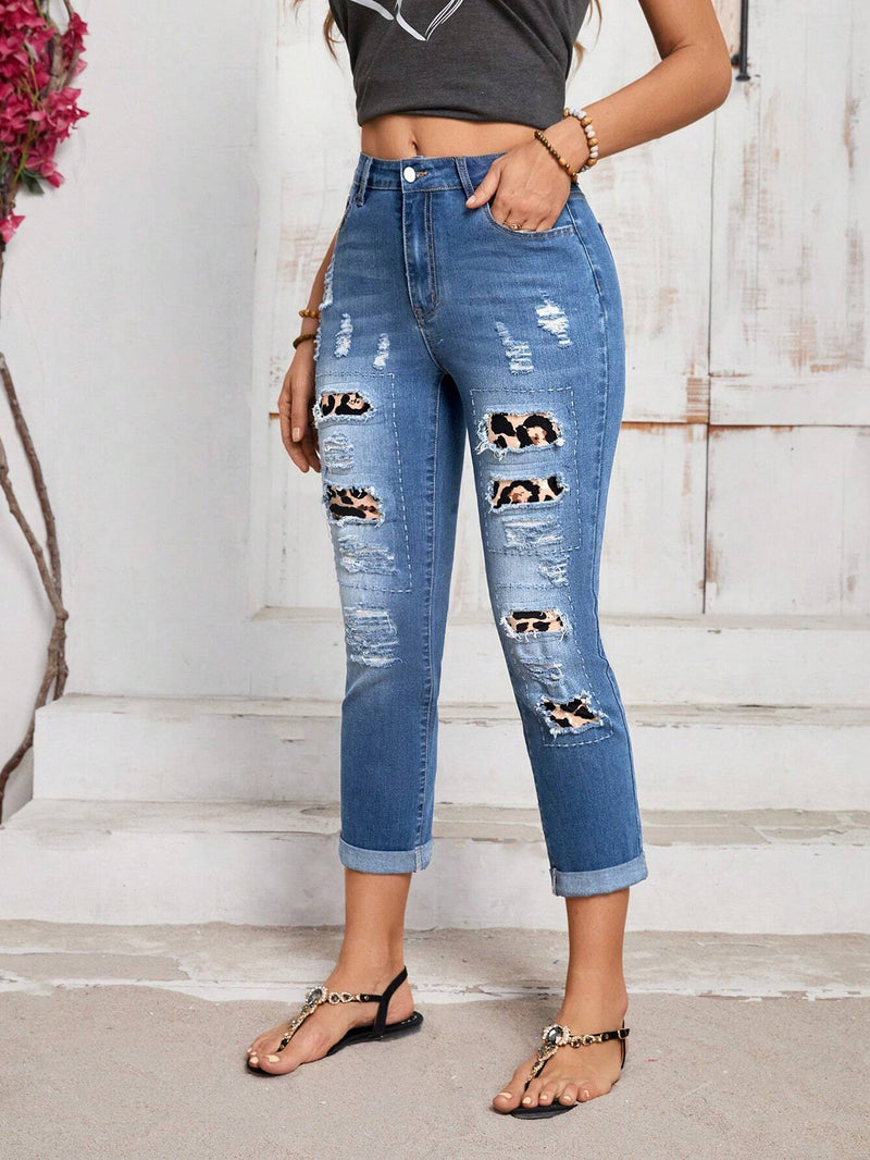 LUNE Pantalones Jeans sueltos para mujer con estampado de leopardo y detalles desgastados con bolsillos