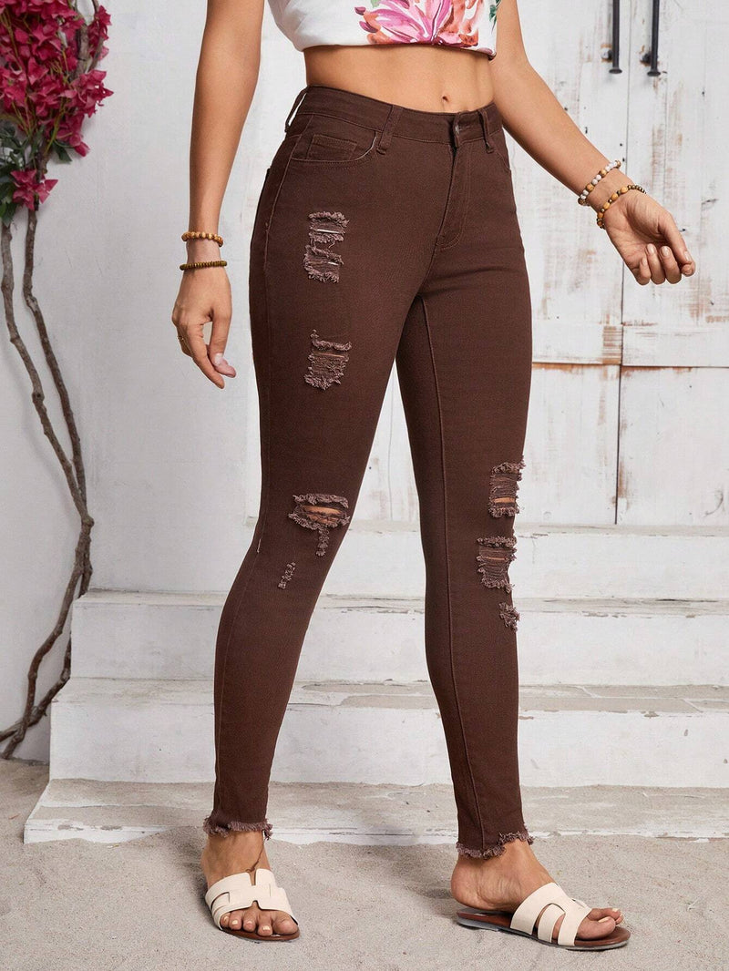 Tall Jeans para mujer ajustados, casuales con unicolor y roturas, ideales para vacaciones