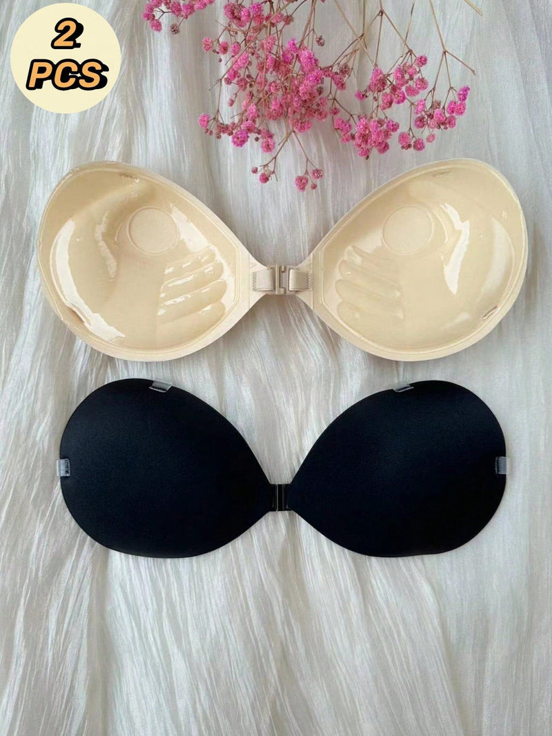 Conjunto de dos piezas de Brasier adhesivo desechable invisible para mujeres con copa de palma de 3cm de espesor (con 1 correa de hombro largo) y color de piel negro albaricoque cada , un accesorio de ropa interior para mujeres