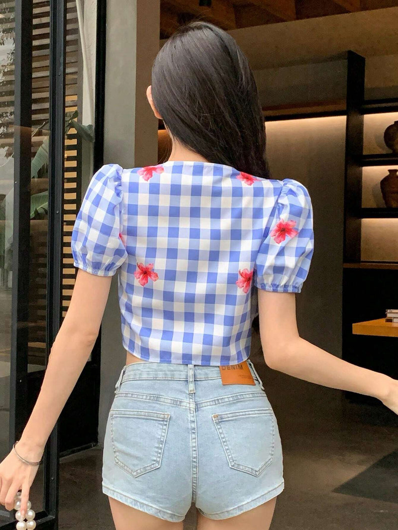 Camisa de manga corta para mujer con estampado de flores a cuadros