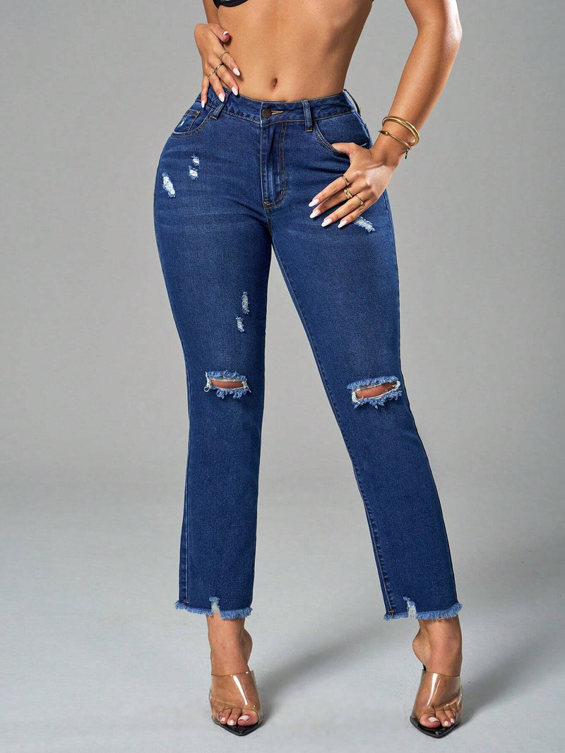 SXY Jeans casuales de ajuste slim-fit con bordes sin procesar y desgastados, lavados