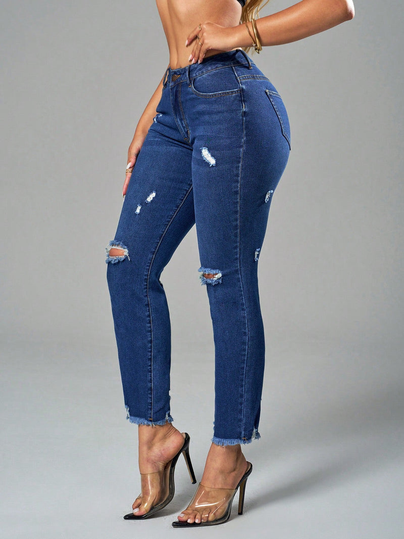 SXY Jeans casuales de ajuste slim-fit con bordes sin procesar y desgastados, lavados