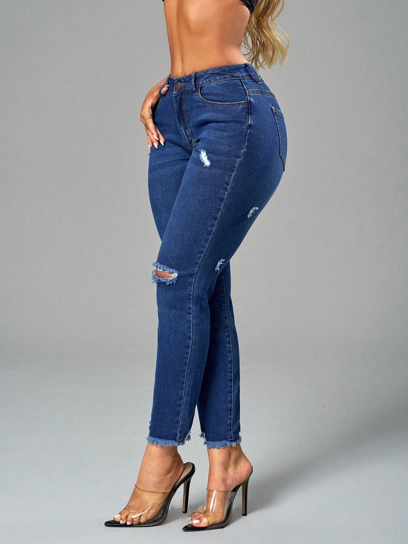 SXY Jeans casuales de ajuste slim-fit con bordes sin procesar y desgastados, lavados