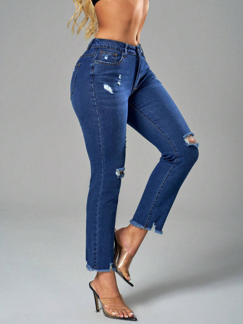 SXY Jeans casuales de ajuste slim-fit con bordes sin procesar y desgastados, lavados