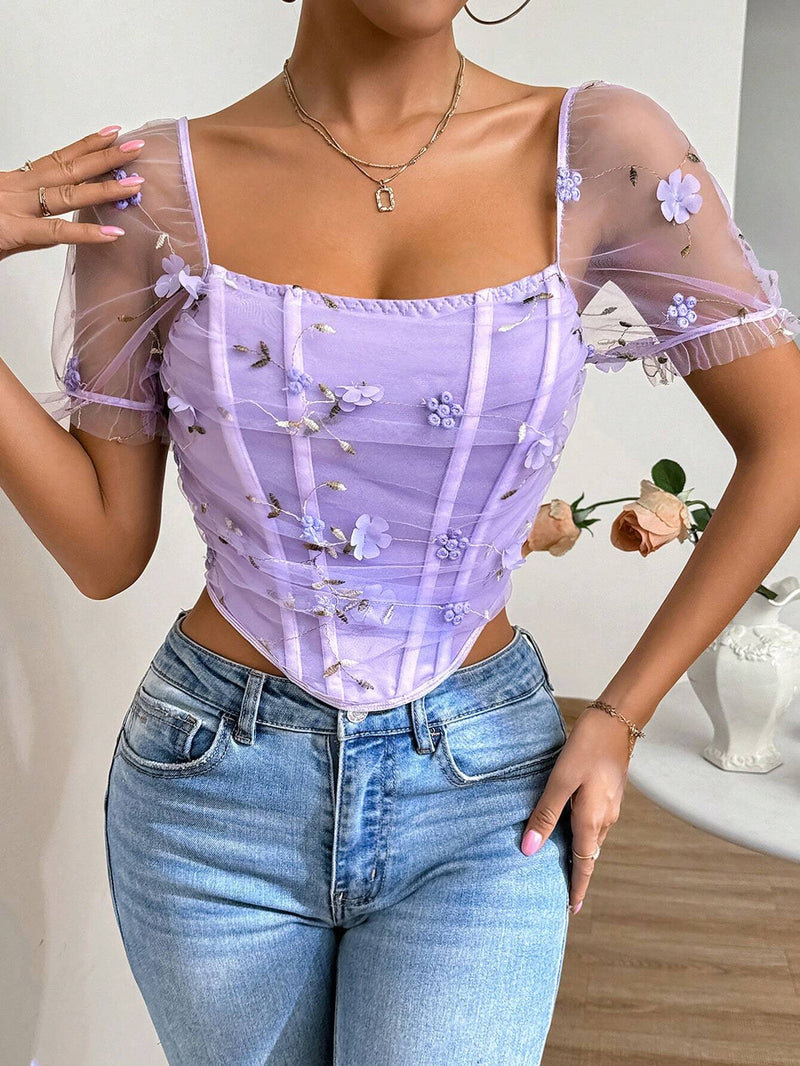 BAE CamiConjuntoa de manga corta para mujer con cuello cuadrado bordado floral y asimetria con malla para el verano