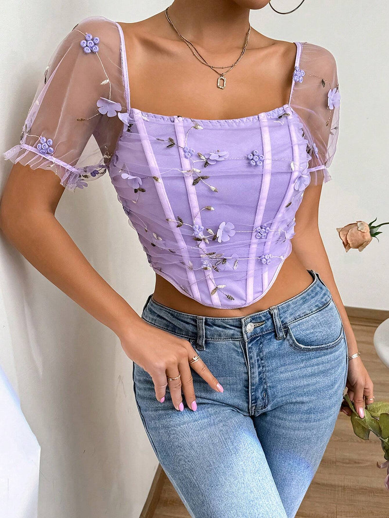 BAE CamiConjuntoa de manga corta para mujer con cuello cuadrado bordado floral y asimetria con malla para el verano