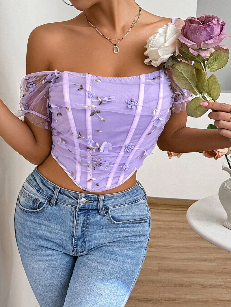 BAE CamiConjuntoa de manga corta para mujer con cuello cuadrado bordado floral y asimetria con malla para el verano