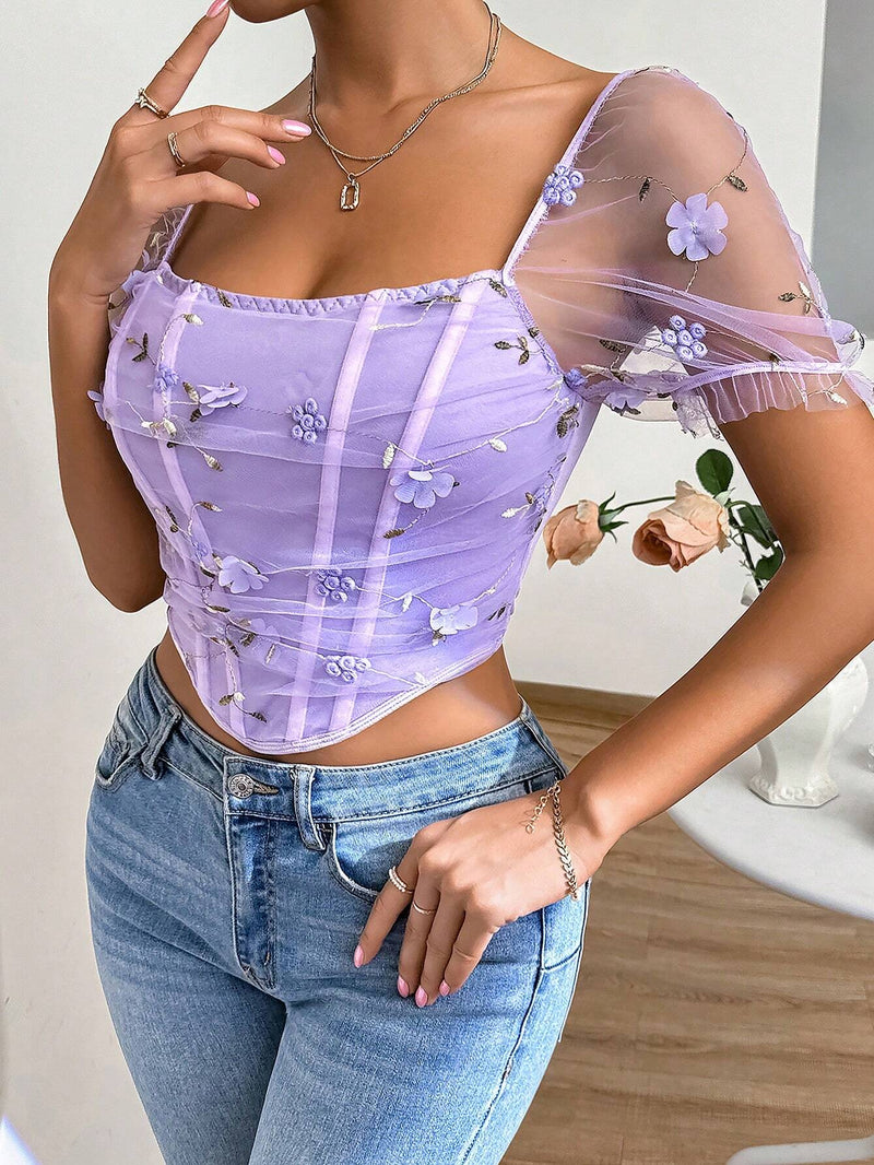 BAE CamiConjuntoa de manga corta para mujer con cuello cuadrado bordado floral y asimetria con malla para el verano