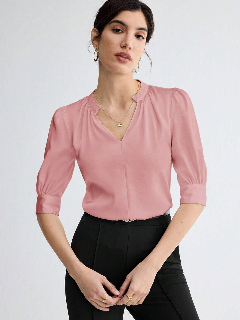 Blusa elegante de verano para mujer con manga corta abombada y escote en V con muesca de unicolor