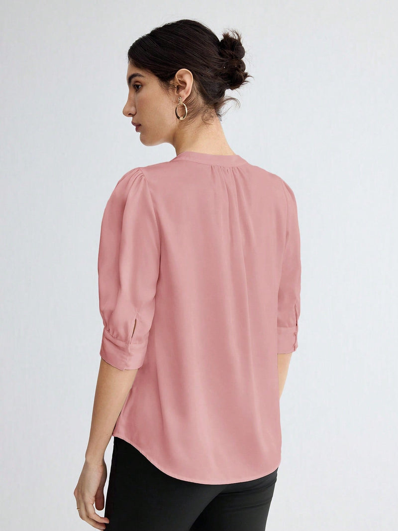 BIZwear Blusa elegante de verano para mujer con manga corta abombada y escote en V con muesca de unicolor