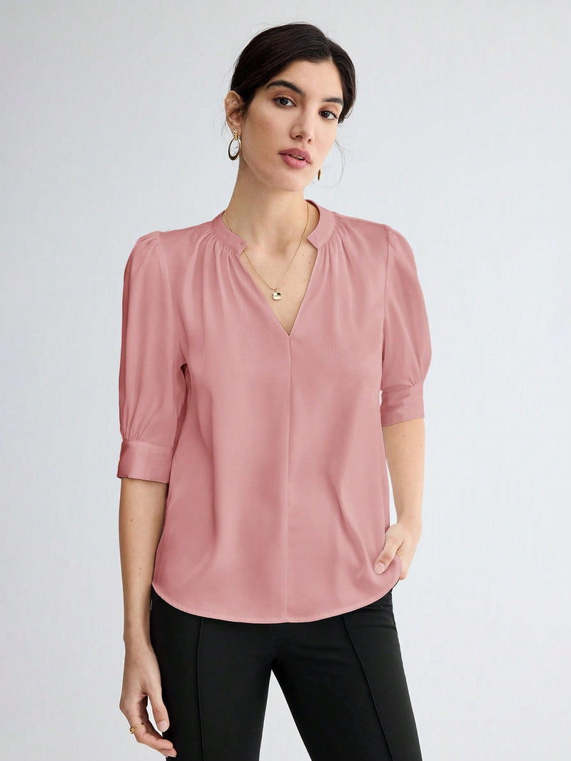 BIZwear Blusa elegante de verano para mujer con manga corta abombada y escote en V con muesca de unicolor