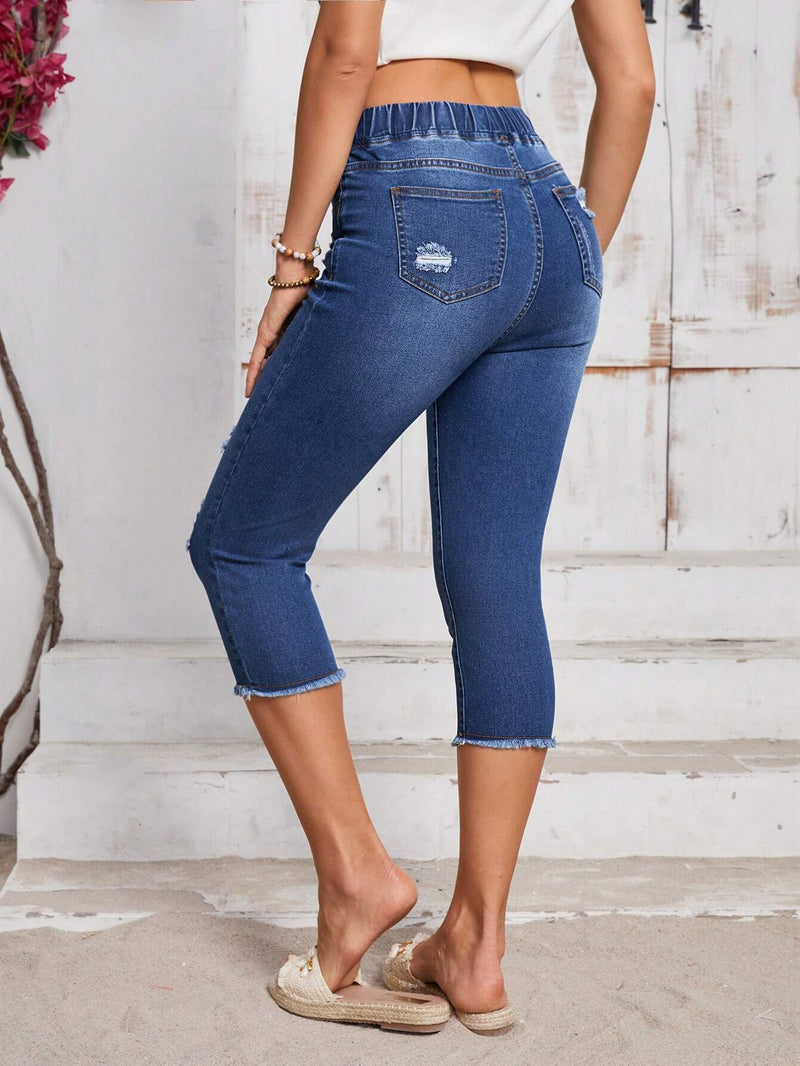 LUNE Jeans de uso diario desgastados para mujer con cordon ajustable en longitud hasta los 7/8