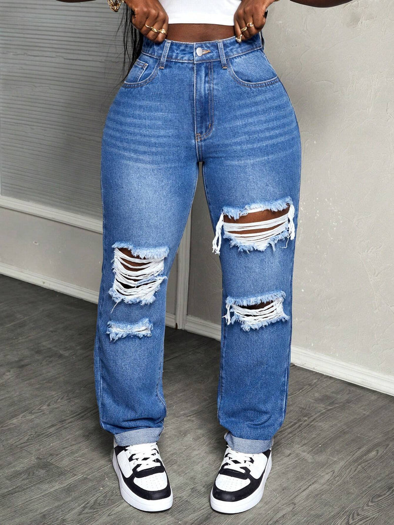 Slayr Jeans casuales de cintura alta y unicolor desgastados al estilo de los anos 90