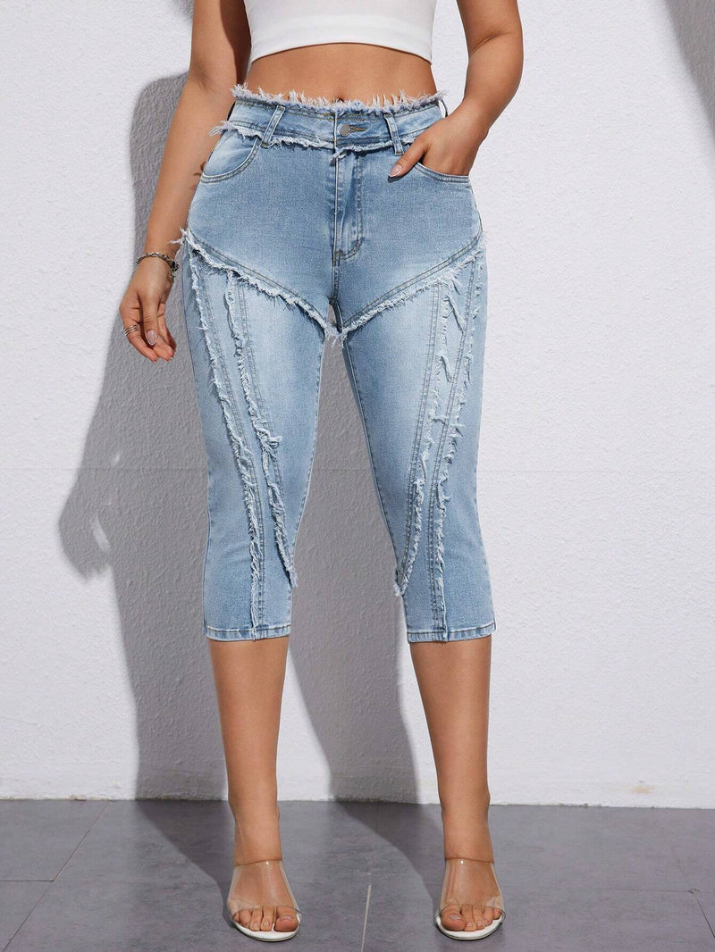 Essnce Jeans de verano para mujer ajustados a la moda con dobladillo deshilachado