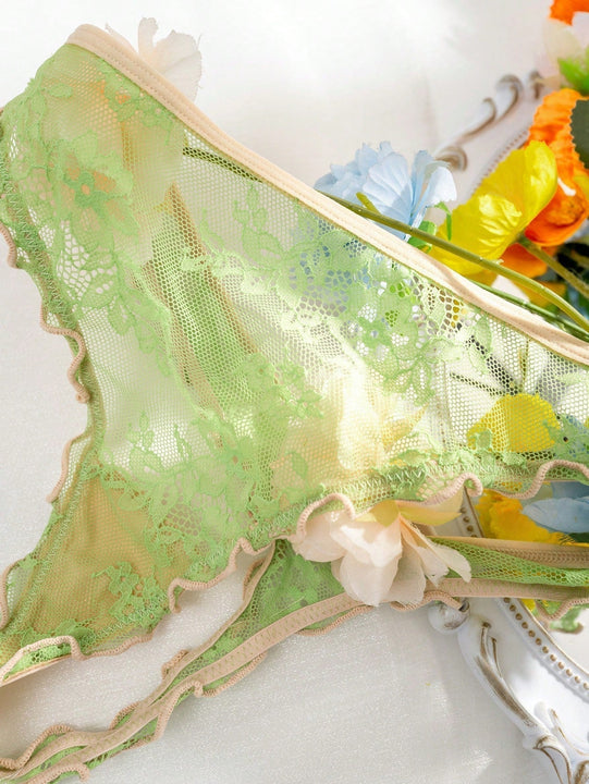 Conjunto de ropa interior verde fluorescente para mujeres con encaje transpirable y copa de triangulo inalambrico comodo de 2 piezas con bordes ondulados, que incluye bragas