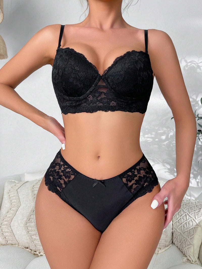 NEW Conjunto de lenceria sexy de encaje de unicolor para mujer, sosten con copa delgada y aro suave junto con braguitas