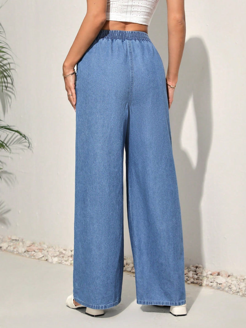 Tall Jeans casuales de cintura alta y pierna ancha para mujer con cintura elastica, azul