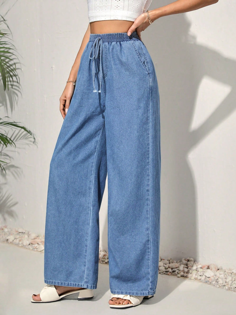 Tall Jeans casuales de cintura alta y pierna ancha para mujer con cintura elastica, azul