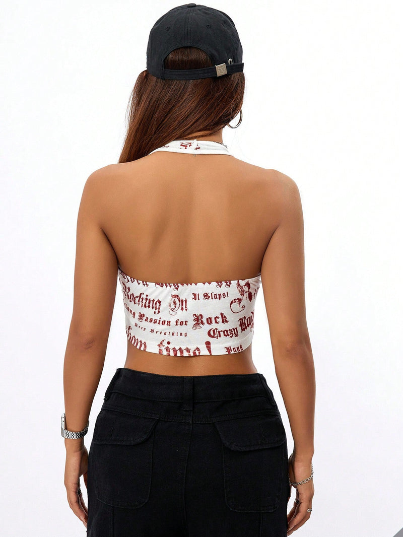 Coolane Top Con Letra Impresa Y Cuello De Halter Para Mujeres